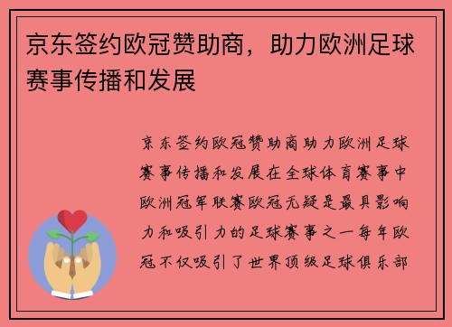 京东签约欧冠赞助商，助力欧洲足球赛事传播和发展