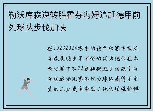 勒沃库森逆转胜霍芬海姆追赶德甲前列球队步伐加快