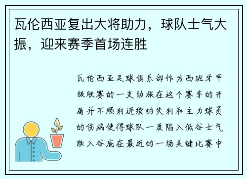 瓦伦西亚复出大将助力，球队士气大振，迎来赛季首场连胜